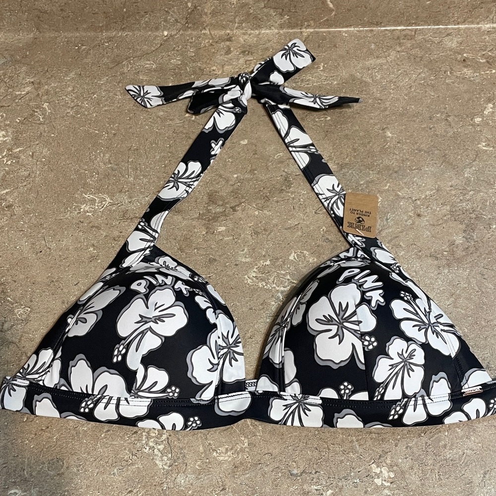 Pink Victoria’s Secret Size Large Black and White Floral Bikini Top .NWT